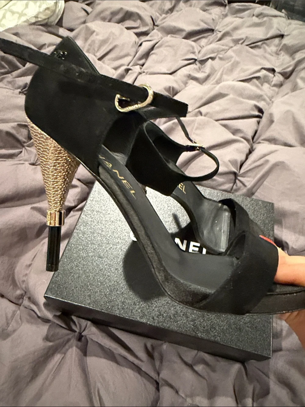 CHANEL Black Suede Ankle-Strap Stiletto Sandals